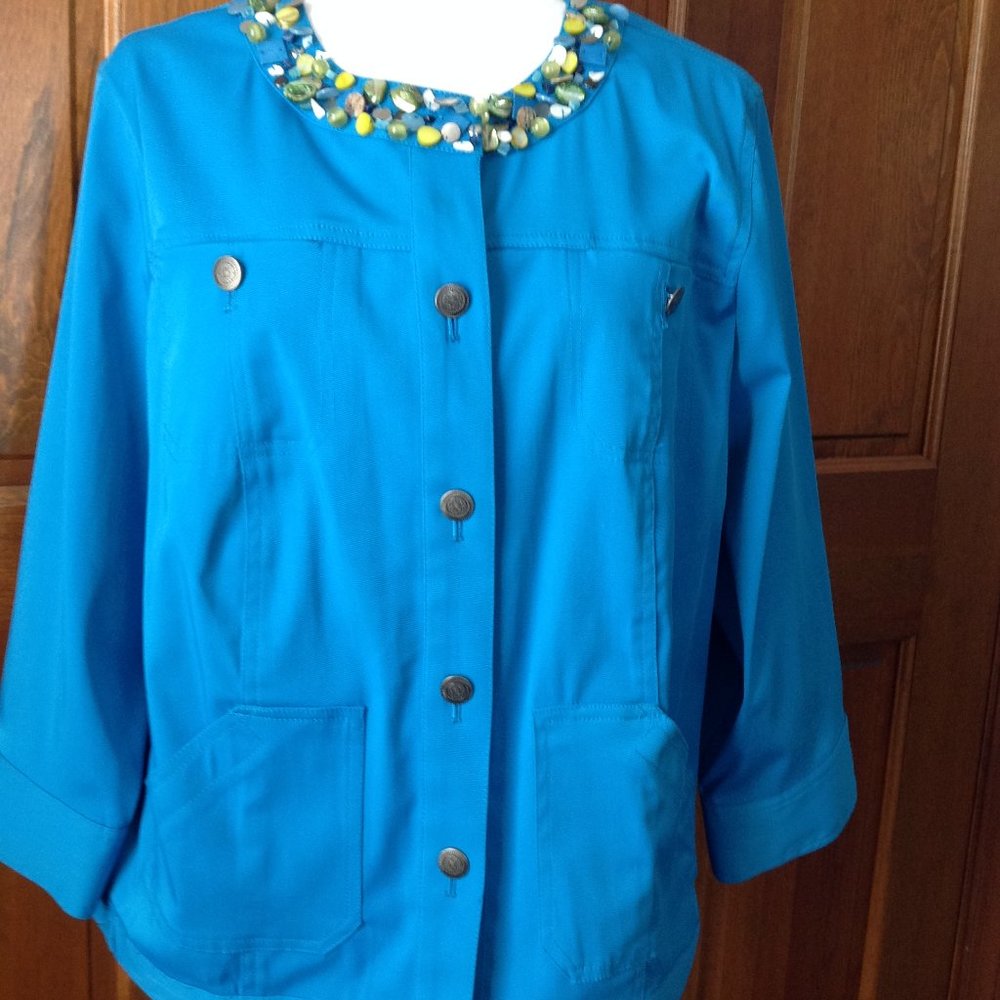 Ruby Red Beaded Neck Turquoise Jacket, buttoned front, long sleeve, size 16W